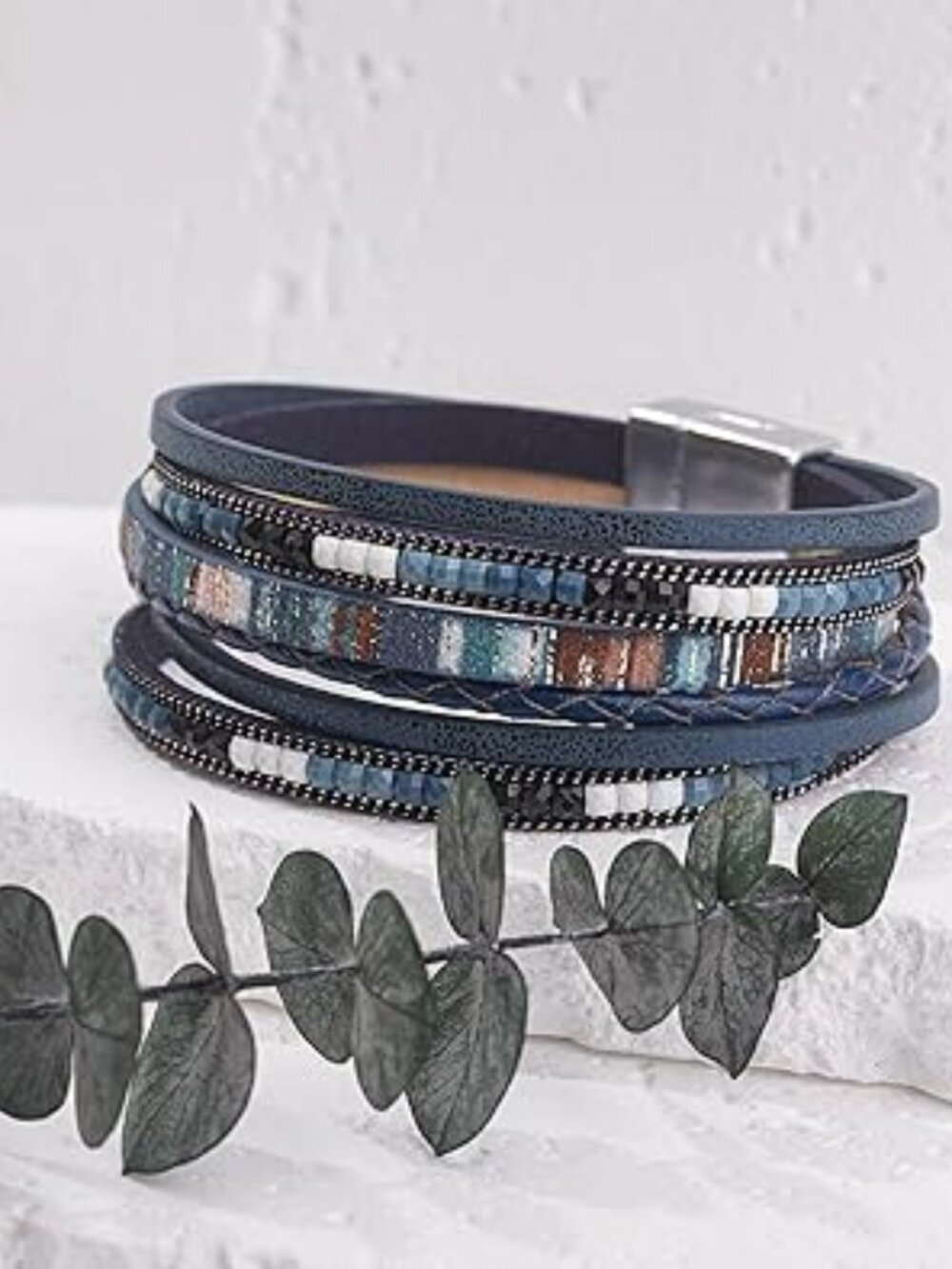 New Boho Leather Wrap Bracelet Trendy Layered with Magnetic Clasp Stackable